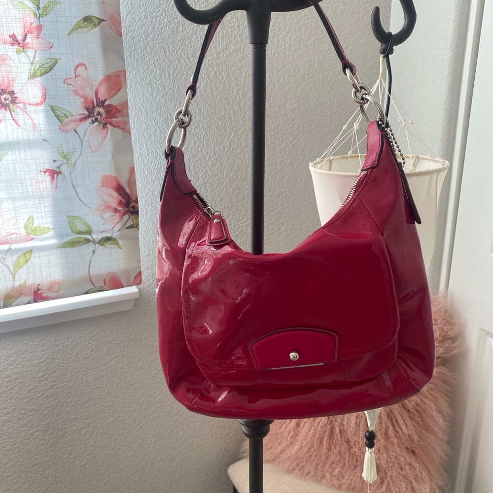 Coach Patent Shoulder Hobo Bag in Dark Vibrant Pink